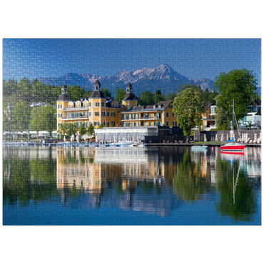 puzzleplate Schlosshotel am See against Mittagskogel (2143m), Velden, Wörther See, Carinthia, Austria 1000 Jigsaw Puzzle