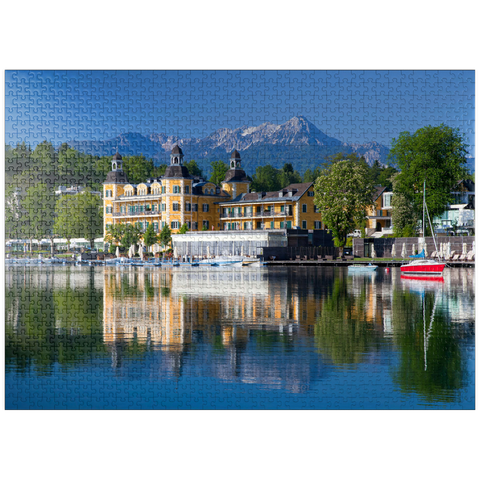 puzzleplate Schlosshotel am See against Mittagskogel (2143m), Velden, Wörther See, Carinthia, Austria 1000 Jigsaw Puzzle