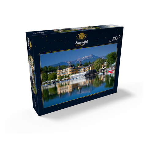 Schlosshotel am See against Mittagskogel (2143m), Velden, Wörther See, Carinthia, Austria 100 Jigsaw Puzzle box view1