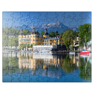 puzzleplate Schlosshotel am See against Mittagskogel (2143m), Velden, Wörther See, Carinthia, Austria 100 Jigsaw Puzzle