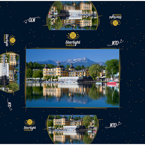 Schlosshotel am See against Mittagskogel (2143m), Velden, Wörther See, Carinthia, Austria 100 Jigsaw Puzzle box 3D Modell