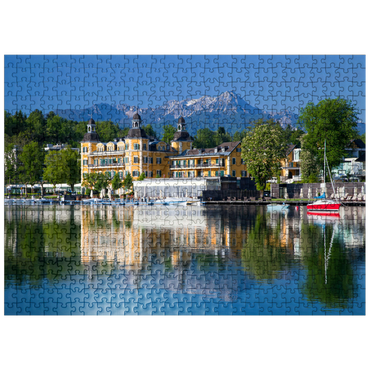 puzzleplate Schlosshotel am See against Mittagskogel (2143m), Velden, Wörther See, Carinthia, Austria 500 Jigsaw Puzzle