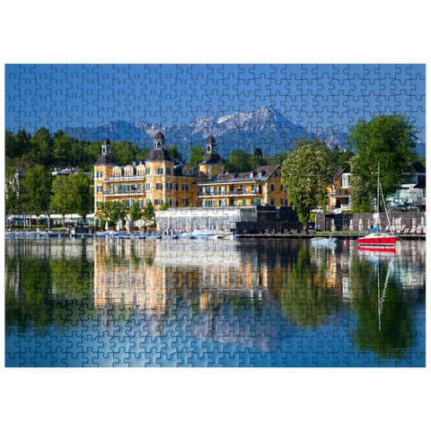 puzzleplate Schlosshotel am See against Mittagskogel (2143m), Velden, Wörther See, Carinthia, Austria 500 Jigsaw Puzzle