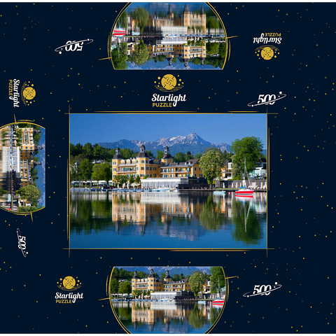 Schlosshotel am See against Mittagskogel (2143m), Velden, Wörther See, Carinthia, Austria 500 Jigsaw Puzzle box 3D Modell