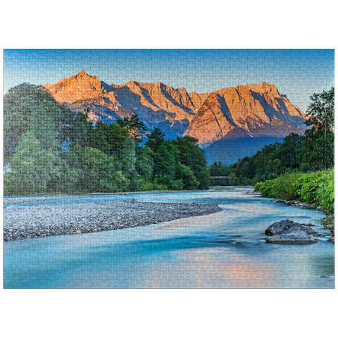 puzzleplate Loisach with view to Zugspitzgruppe (2962m) near Burgrain in morning light 1000 Jigsaw Puzzle