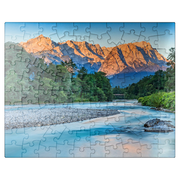 puzzleplate Loisach with view to Zugspitzgruppe (2962m) near Burgrain in morning light 100 Jigsaw Puzzle