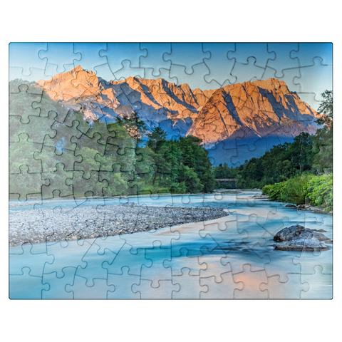 puzzleplate Loisach with view to Zugspitzgruppe (2962m) near Burgrain in morning light 100 Jigsaw Puzzle