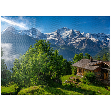 puzzleplate Isenfluh, hamlet Sulwald (1520m) hut against Eiger (3970m), Mönch (4107m) and Jungfrau (4158m) 1000 Jigsaw Puzzle