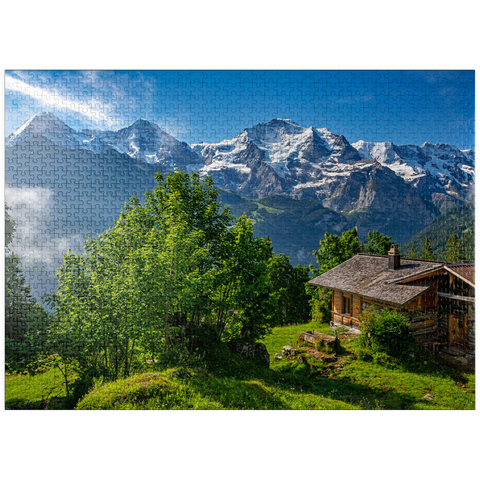 puzzleplate Isenfluh, hamlet Sulwald (1520m) hut against Eiger (3970m), Mönch (4107m) and Jungfrau (4158m) 1000 Jigsaw Puzzle