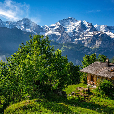 Isenfluh, hamlet Sulwald (1520m) hut against Eiger (3970m), Mönch (4107m) and Jungfrau (4158m) 100 Jigsaw Puzzle 3D Modell