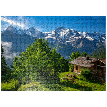 puzzleplate Isenfluh, hamlet Sulwald (1520m) hut against Eiger (3970m), Mönch (4107m) and Jungfrau (4158m) 500 Jigsaw Puzzle