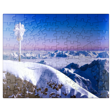 puzzleplate Zugspitze summit cross against Bavarian and Austrian Alps, Upper Bavaria, Bavaria, Germany 100 Jigsaw Puzzle
