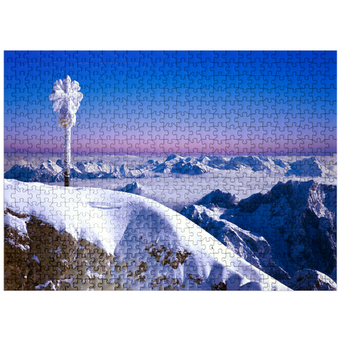 puzzleplate Zugspitze summit cross against Bavarian and Austrian Alps, Upper Bavaria, Bavaria, Germany 500 Jigsaw Puzzle