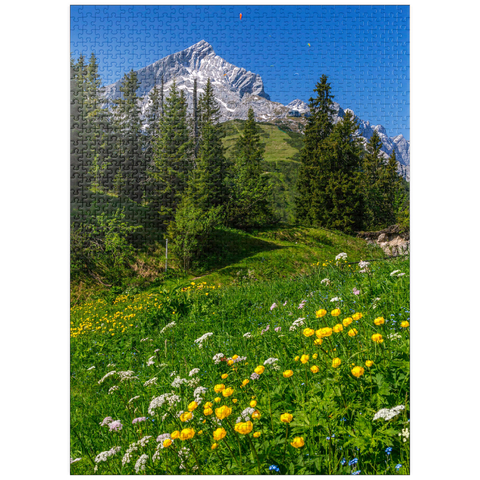 puzzleplate At Kreuzeck, Troll flower meadow (Trollius europaeus) against Alpspitze with paraglider 1000 Jigsaw Puzzle