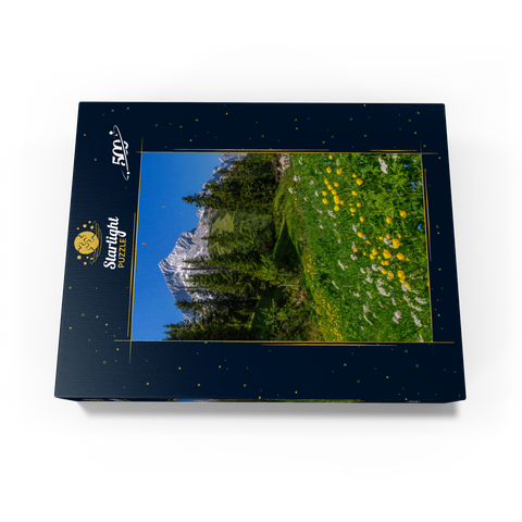 At Kreuzeck, Troll flower meadow (Trollius europaeus) against Alpspitze with paraglider 500 Jigsaw Puzzle box view1