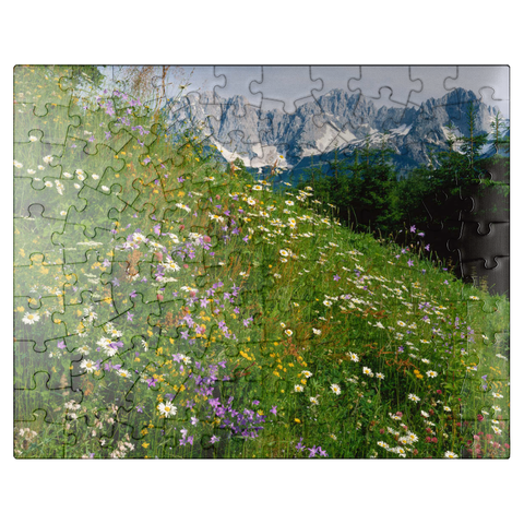 puzzleplate Flower meadow with view to Wilder Kaiser, Tyrol, Austria 100 Jigsaw Puzzle