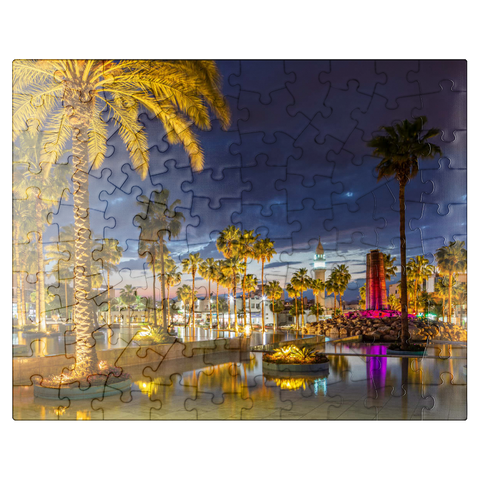 puzzleplate Fountain with palm trees in the evening, Aqaba, Gulf of Aqaba, Jordan 100 Jigsaw Puzzle