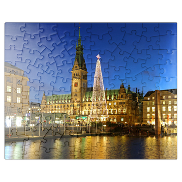 puzzleplate Small Alster with Christmas tree and city hall, Hamburg, Germany 100 Jigsaw Puzzle