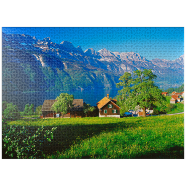 puzzleplate View over Lake Walen to the Churfirsten (2306m), Quarten, Canton St. Gallen, Switzerland 1000 Jigsaw Puzzle