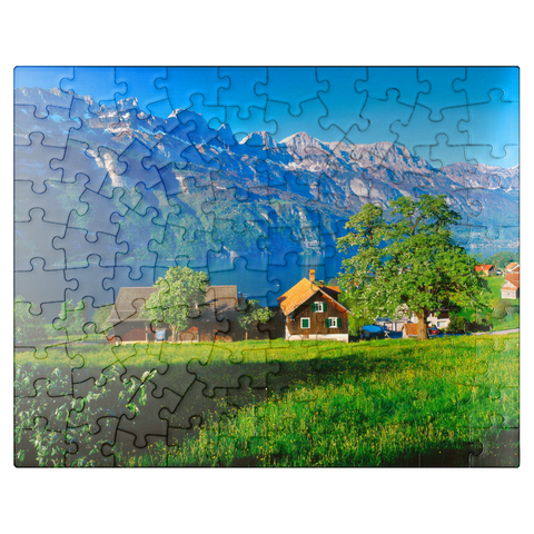 puzzleplate View over Lake Walen to the Churfirsten (2306m), Quarten, Canton St. Gallen, Switzerland 100 Jigsaw Puzzle