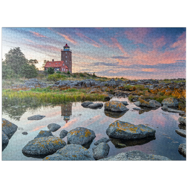 puzzleplate rocky coast at Svaneke Gamle Fyr, old lighthouse at sunset 1000 Jigsaw Puzzle