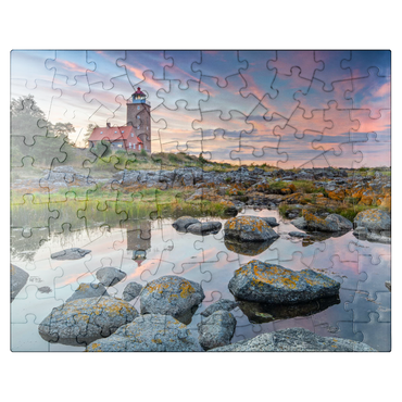 puzzleplate rocky coast at Svaneke Gamle Fyr, old lighthouse at sunset 100 Jigsaw Puzzle