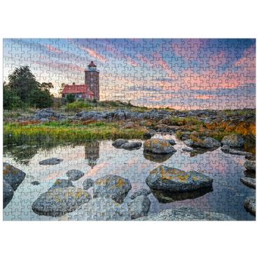 puzzleplate rocky coast at Svaneke Gamle Fyr, old lighthouse at sunset 500 Jigsaw Puzzle