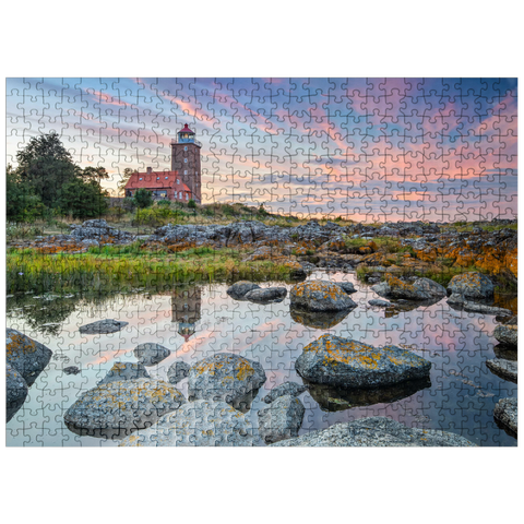 puzzleplate rocky coast at Svaneke Gamle Fyr, old lighthouse at sunset 500 Jigsaw Puzzle