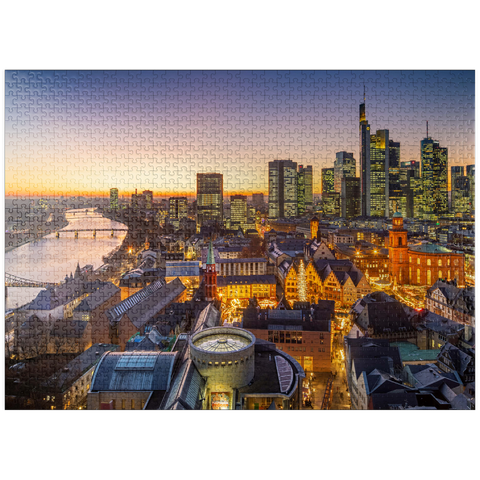 puzzleplate View from the Kaiserdom over the Neue Altstadt to the Römer with the Paulskirche on an evening in December 1000 Jigsaw Puzzle
