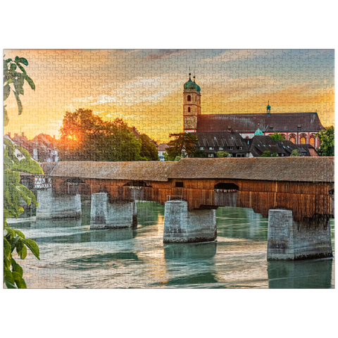 puzzleplate Covered wooden bridge and Fridolinsmünster in Bad Säckingen at sunset 1000 Jigsaw Puzzle