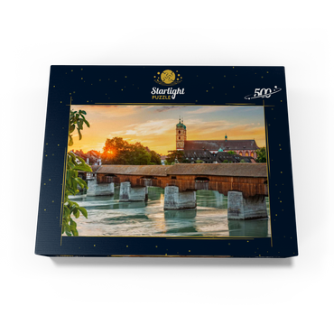 Covered wooden bridge and Fridolinsmünster in Bad Säckingen at sunset 500 Jigsaw Puzzle box view1