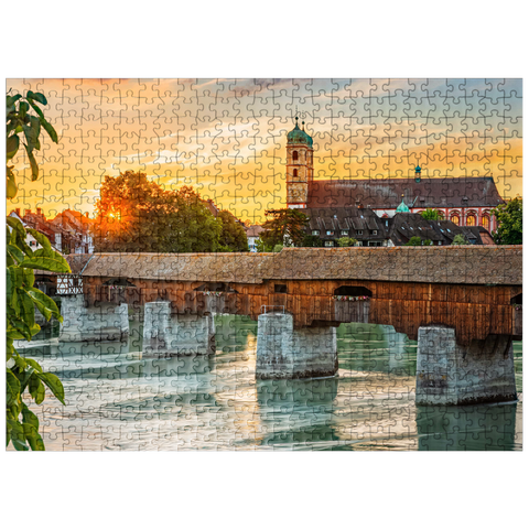 puzzleplate Covered wooden bridge and Fridolinsmünster in Bad Säckingen at sunset 500 Jigsaw Puzzle