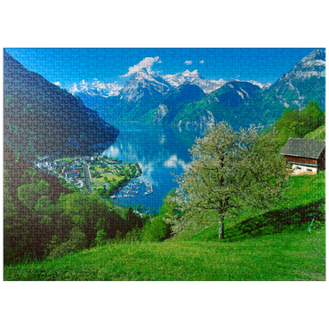 puzzleplate View of the village on the lake against Gitschen and Urirotstock 1000 Jigsaw Puzzle
