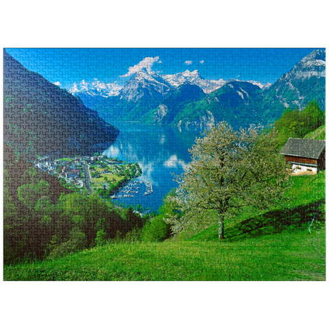 puzzleplate View of the village on the lake against Gitschen and Urirotstock 1000 Jigsaw Puzzle