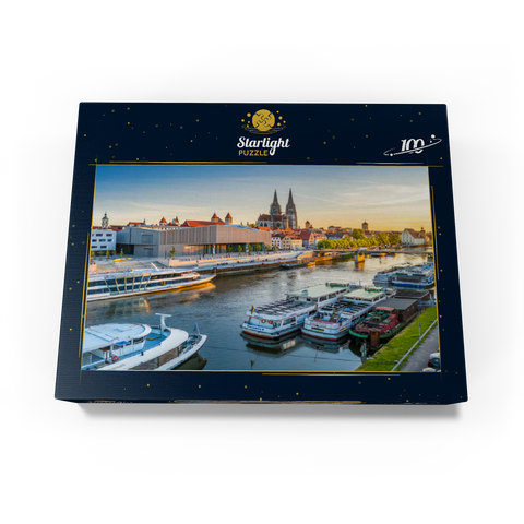 Museum of Bavarian History on the banks of the Danube with Regensburg Cathedral in the evening 100 Jigsaw Puzzle box view1