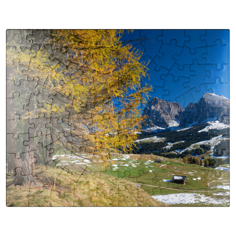 puzzleplate Autumn on the Alpe di Siusi (1700 - 2300m) against Sassolungo Group (3181m), Trentino-South Tyrol 100 Jigsaw Puzzle
