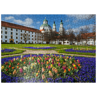 puzzleplate View from the courtyard garden to the baroque basilica St. Lorenz in springtime 500 Jigsaw Puzzle
