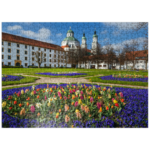 puzzleplate View from the courtyard garden to the baroque basilica St. Lorenz in springtime 500 Jigsaw Puzzle