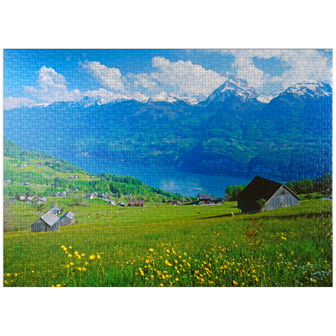 puzzleplate View over Lake Walen towards Mürtschenstock (2441m), Amden, Canton St. Gallen 1000 Jigsaw Puzzle