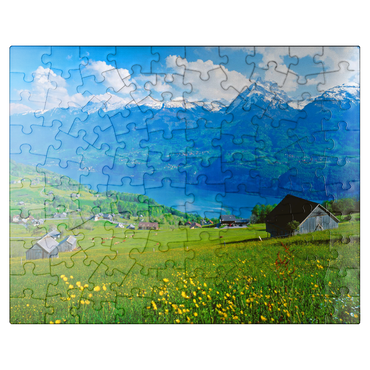 puzzleplate View over Lake Walen towards Mürtschenstock (2441m), Amden, Canton St. Gallen 100 Jigsaw Puzzle