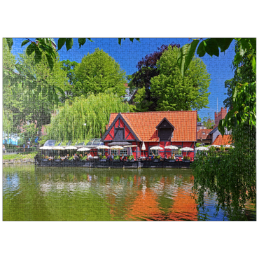 puzzleplate Small pond with restaurant Faergekroen in amusement park Tivoli 1000 Jigsaw Puzzle