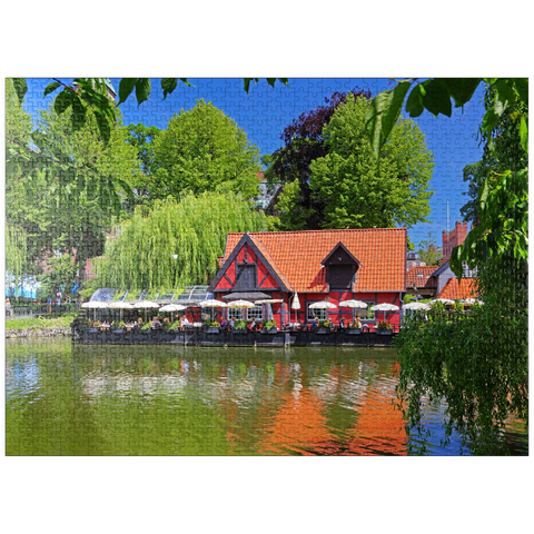 puzzleplate Small pond with restaurant Faergekroen in amusement park Tivoli 1000 Jigsaw Puzzle