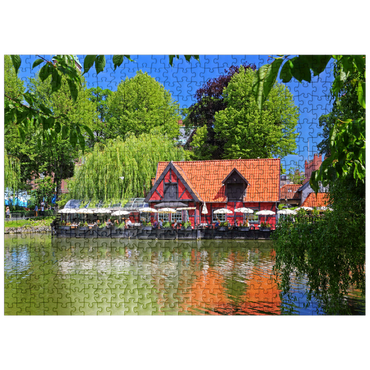 puzzleplate Small pond with restaurant Faergekroen in amusement park Tivoli 500 Jigsaw Puzzle