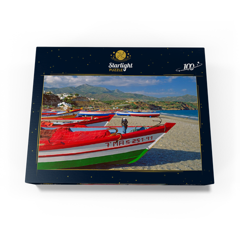 Fishing boats on the beach of Nerja, Malaga, Andalusia, Spain 100 Jigsaw Puzzle box view1