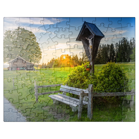 puzzleplate Cross with bench at sunset on Aidlinger Höhe 100 Jigsaw Puzzle