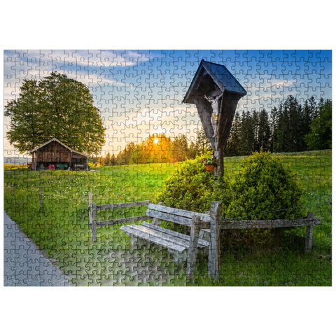 puzzleplate Cross with bench at sunset on Aidlinger Höhe 500 Jigsaw Puzzle