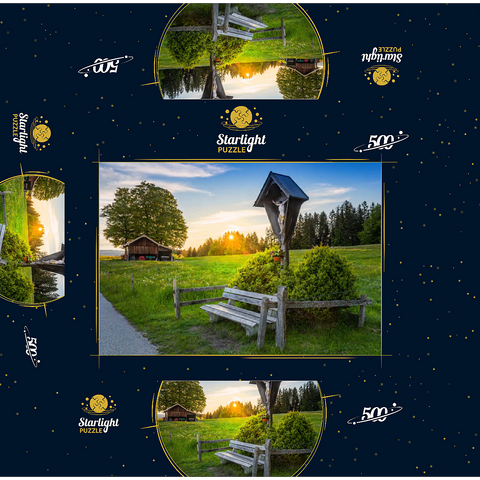 Cross with bench at sunset on Aidlinger Höhe 500 Jigsaw Puzzle box 3D Modell