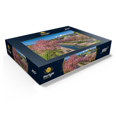 Blossoming cherry trees, cherry blossom in Berchtesgaden spa garden with Watzmann mountain 1000 Jigsaw Puzzle box view1