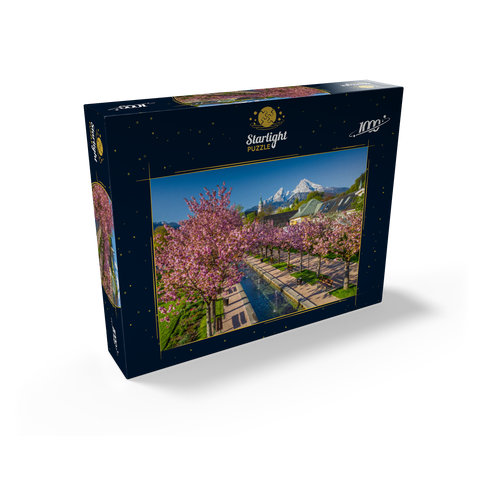 Blossoming cherry trees, cherry blossom in Berchtesgaden spa garden with Watzmann mountain 1000 Jigsaw Puzzle box view1