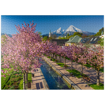 puzzleplate Blossoming cherry trees, cherry blossom in Berchtesgaden spa garden with Watzmann mountain 1000 Jigsaw Puzzle